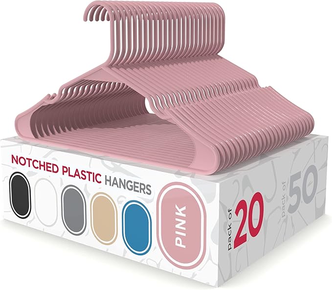 Sharpty Plastic Hangers Clothes Hangers for Clothing, Closet, Coats & Shirts - Notched, Durable & Space Saving - for Everyday Standard Use, Room Essentials & Basics - 20 Pack - Pink