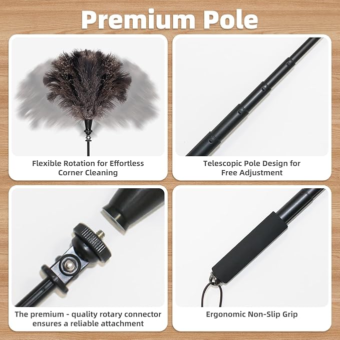 Extendable Ostrich Feather Duster with 17-42 inch Rotatable Aluminum Alloy Pole, Natural Fluffy Reusable Feather Duster for Cleaning High Ceilings, Pendant Lamps, Blinds, Furniture and Roof