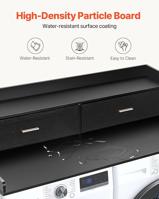 VEVOR 2 Drawers Washer Dryer Countertop with Shelf, 54" x 27" Wooden Laundry Countertop with 2 Hooks & Non-Slip Pads, Washer and Dryer Covers for The Top, Laundry Room Organization and Storage, Black