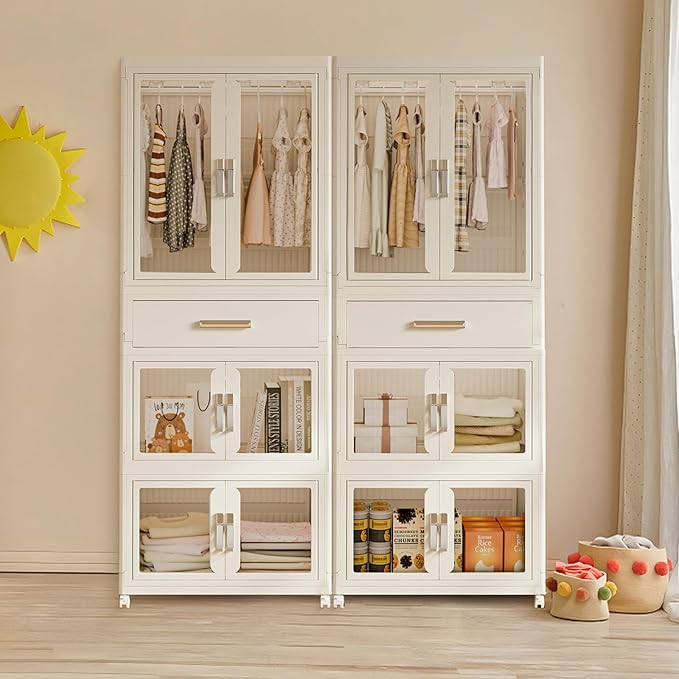 Large Portable Kids Closet Children's Armoire Adults Clothes Wardrobe Closet with Drawers and Doors, Collapsible Baby Costume Storage Organizer Kids Dress Up Storage Cabinet with Hanging