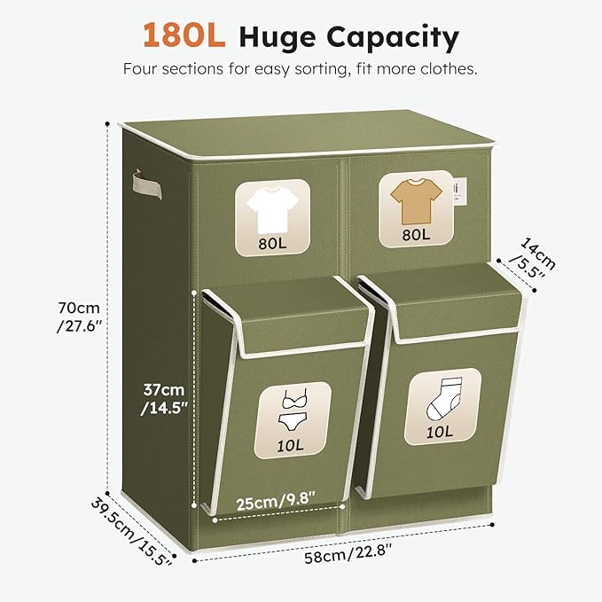 SOLEDI Double Laundry Hamper with Lid, 47.8 Gal (180L) Large Laundr Basket 2 Section with 2 Side Pockets, Dirty Clothes Hamper with Removable Bag, Easy to Carry for Laundry Room, Bedroom, Avocado