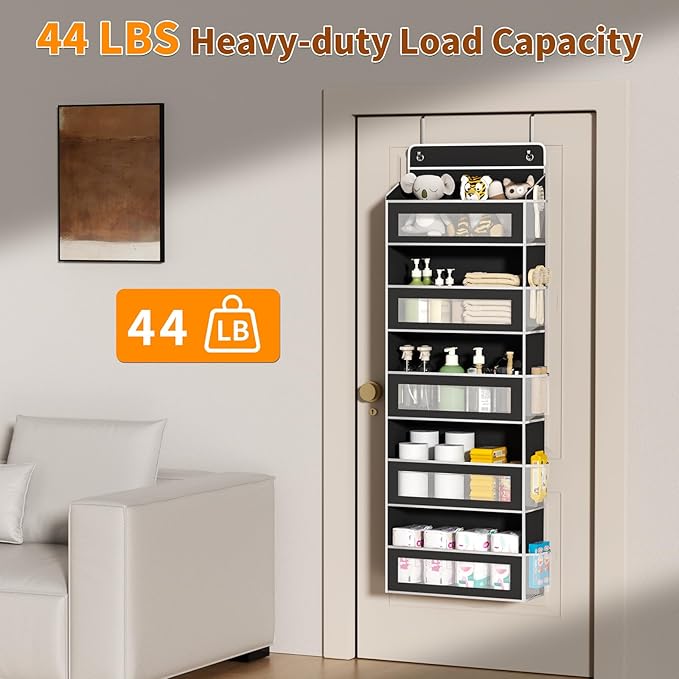 Over The Door Organizer with 5 Large Pockets, Over the Door Storage 10 Side Pockets 44 lb Load Behind Door Storage, Door Organizer Hanging Shelf for Closet Wall Bedroom Bathroom Nursery, 5-Tier Black