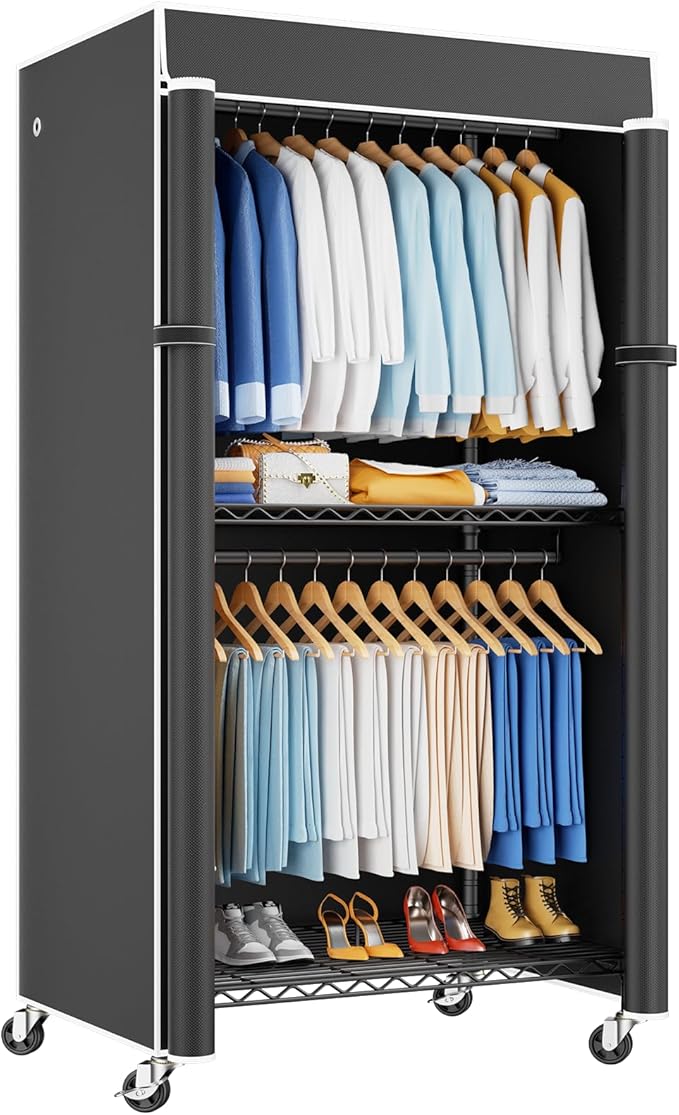 ULIFHOME P8C Heavy Duty Clothes Rack（With Extended Width Design） Rolling Clothing Racks for Hanging Clothes with Lockable Wheels，31.5" W x 15.8" D x 80.5" H，Max Load 600LBS，Black Rack with Black Cover