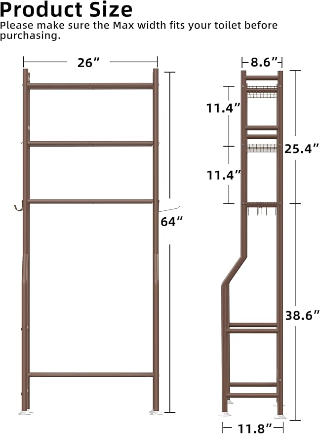 Livilord 3-Tier Over The Toilet Storage, Freestanding Metal Bathroom Shelves with 4 Hooks, Over Toilet Storage Shelf with Paper Holder, Above The Toilet Shelf for Bathroom Storage, Bronze