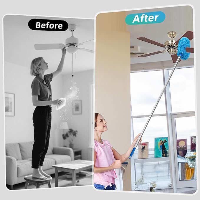 DRQ Ceiling Fan Cleaner Duster, 2 Pack Reusable Microfiber Duster with Extension Pole, 13 to 48 Inch Fan Blade Cleaner, Removable Dusters for Cleaning Walls Bookshelves Door Window Top (Blue Pink)