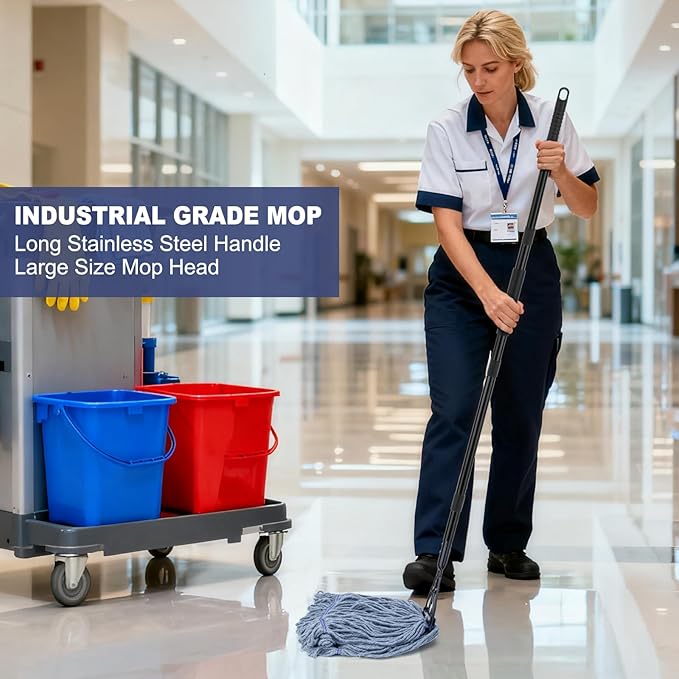 Commercial Industrial Mop for Floor Cleaning, 3 Extra Large Reusable Replacement Head with 59" Long Handle,Heavy Duty Looped-End String Wet Cotton Mop for House,Kitchen,Office,Garage,Tile Floor