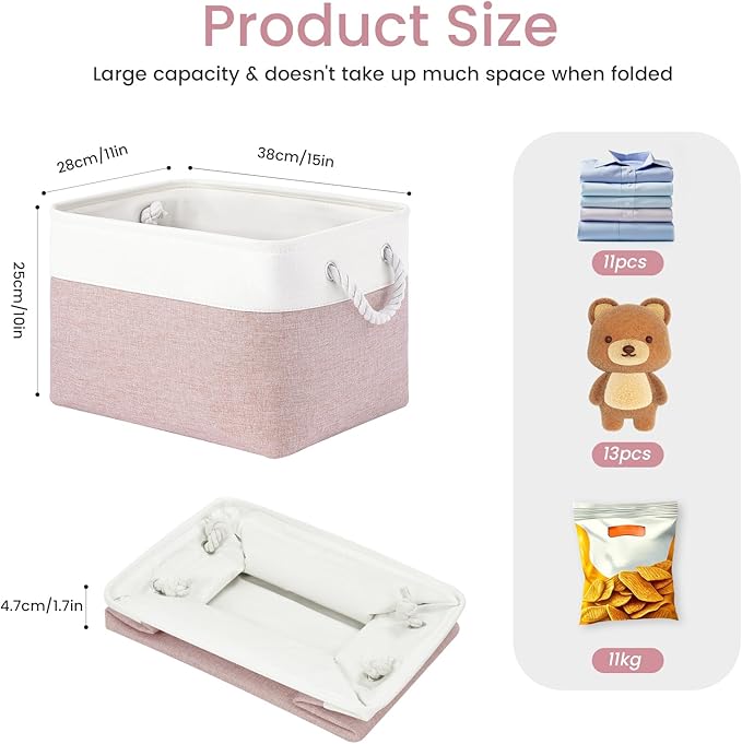 Large Storage Baskets- 15x11x10 inch Storage Bins for Shelves and Closet Organizing, Foldable Fabric Bin for Home Organization Clothes and Laundry (1-Pack, White&Pink)