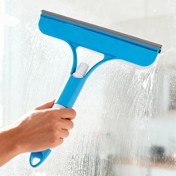3 in 1 Window Cleaning Scraper with Sprayer, All-Purpose Squeegee for Shower Glass, Car Windows, Mirrors & Home, Window Cleaner Tool with Built-in Spray Bottle (Blue)