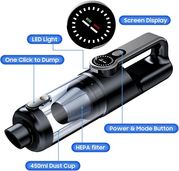 Cordless Handheld Car Vacuum Cleaner for Car Interior, Strong Suction Portable Vacuum for Pet Hair & Quick Home Cleaning, Rechargeable with LED Light & Attachments