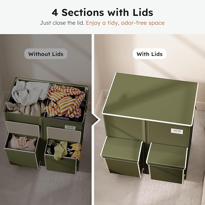 SOLEDI Double Laundry Hamper with Lid, 47.8 Gal (180L) Large Laundr Basket 2 Section with 2 Side Pockets, Dirty Clothes Hamper with Removable Bag, Easy to Carry for Laundry Room, Bedroom, Avocado