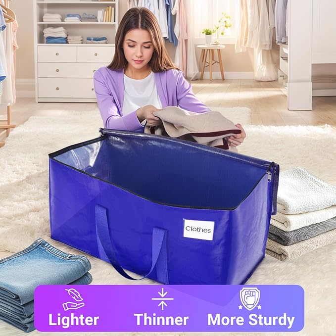 FabSpace Moving Storage Bags, Moving Supplies Packing Boxes for Moving, Camping, College Dorm Room Essentials for Girls, Blue Tote Bags, Heavy-Duty Storage Bins With Lids And Zippers, 76L 6 Pack