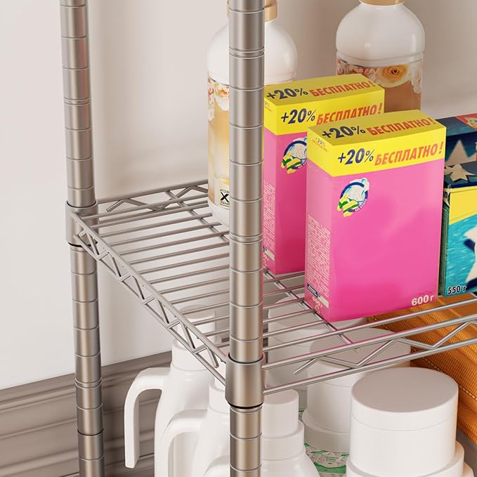 SINGAYE 5 Shelf Storage Wire Shelves Closet Bathroom Organizers Metal Pantry Kitchen Garage Shelving Unit Laundry Room Organization Home Narrow Rack Net Basket with Wheels Silver