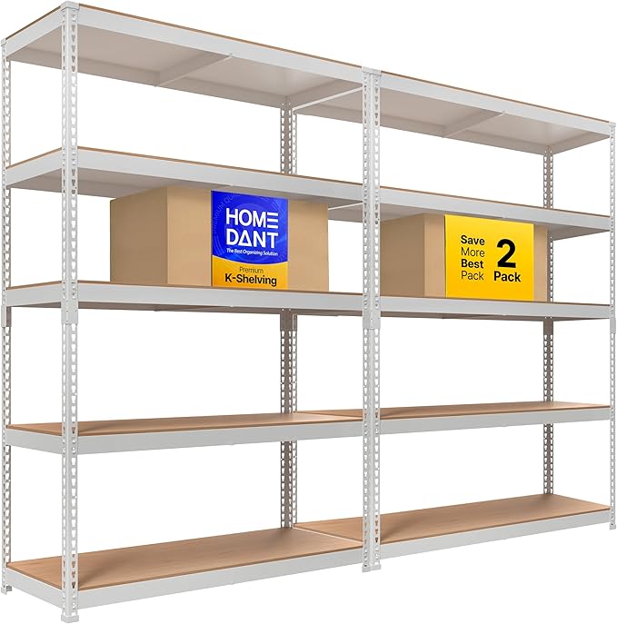 HOMEDANT 47.7" W 5 Tier Heavy Duty Garage Shelving Adjustable Metal Rack Storage Shelves Standing Shelf Unit Organizers Industrial Warehouse Basement White 2Pack