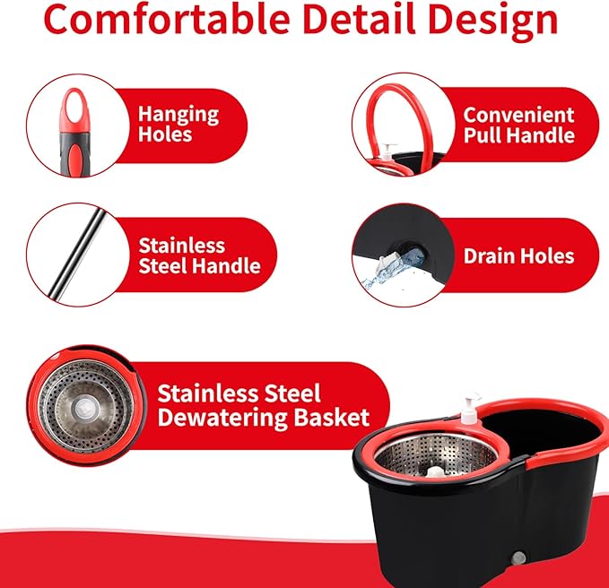 Spin Mop and Bucket with Wringer Set, 360° Spinning Mop Bucket System with 3 Microfiber Mop Replacement Heads, Adjustable Handle for Floor Cleaning (Black)