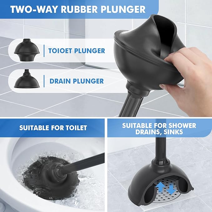 Toilet Plunger and Brush with Holder, Bowl Brush and Heavy Duty Toilet Plunger Set with Ventilated Holder, 2-in-1 Toilet Brush and Plunger Combo for 5.3-inch Toilet Drain New Pack (Black, 1)