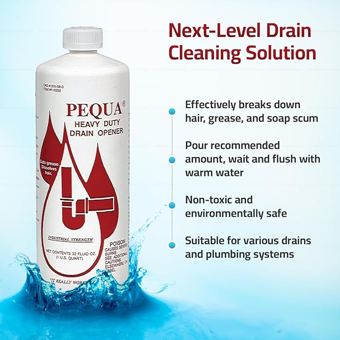 PEQUA INDUSTRIES P-10232 Pequa Heavy Duty Drain Opener, Non-Acid, Fast-Acting Formula, Industrial strength Drain Cleaner for Sinks, Tubs, Septic Tanks - 32 Oz (Pack of 2)