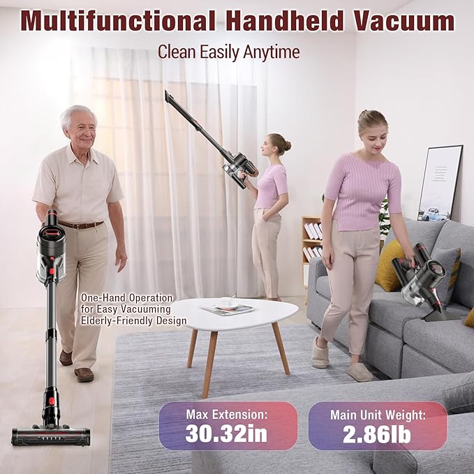 Zyxrona Cordless Vacuum Cleaner, 450W/40Kpa Stick Vacuum with Powerful Suction, 50Min Vacuum Cleaner for Home, Anti-tangle and 1L Dust Cup, 8 in 1 Lightweight Vacuum for Hardwood Floor Carpet Pet Hair