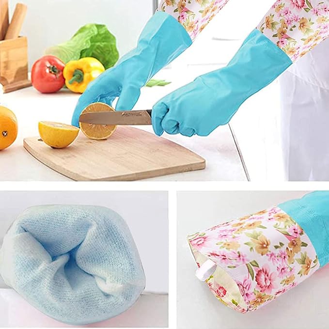 KINGFINGER Rubber Latex-Free Waterproof Dishwashing Gloves,2 Pair Medium Long Cuff Flock Lining Household Cleaning Gloves