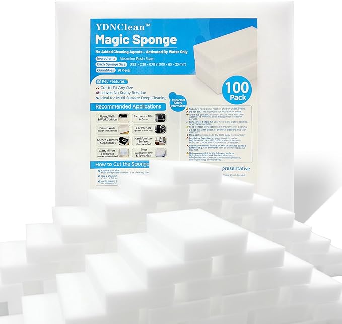 Magic Sponge Erasers, Water-Activated Cleaning Sponge, Multi-Purpose Melamine Foam Cleaner for Kitchen, Bathroom, Walls, Shoes & Car Interior – Durable, Non-Scratch & Reusable (100)
