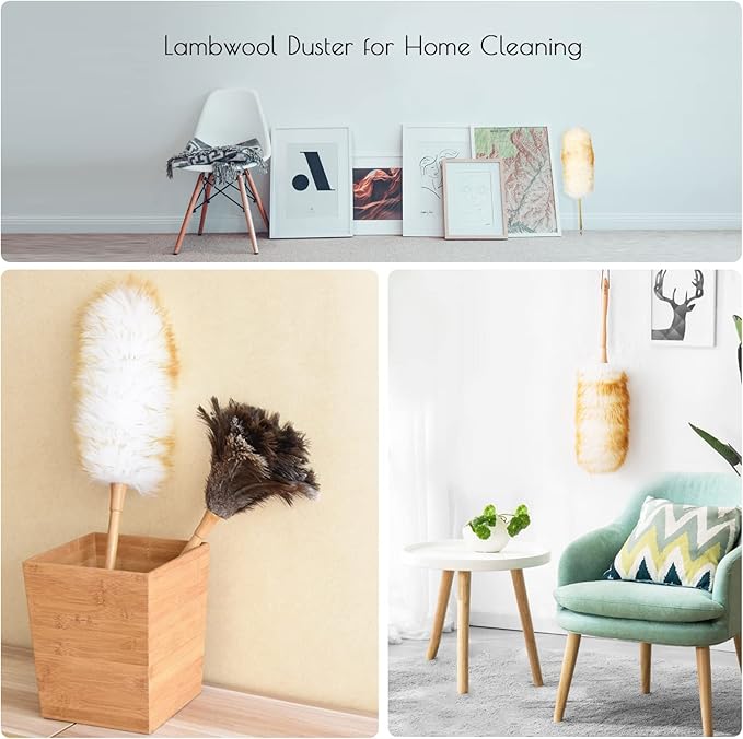 Lambswool Duster 16'' Length Solid Wooden Handle Leather Hang Strap for Cleaning Ceiling Fans Window Blinds Computer Furniture Figurines TV Natural Feather Duster,Brown