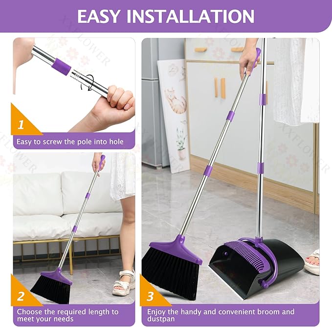 Broom and Dustpan Set with Long Handle, Light Weight Stainless Steel Poles Stand Upright Dustpans with Broom Combo for Home Kitchen Office Pet Dog Hair, 1-Pack (Purple)