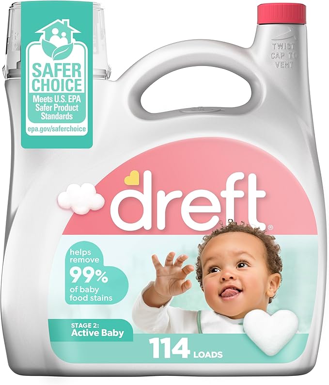 Dreft Stage 2 Active Baby Liquid Laundry Detergent, Helps Remove 99% of Baby Food Stains, 114 loads
