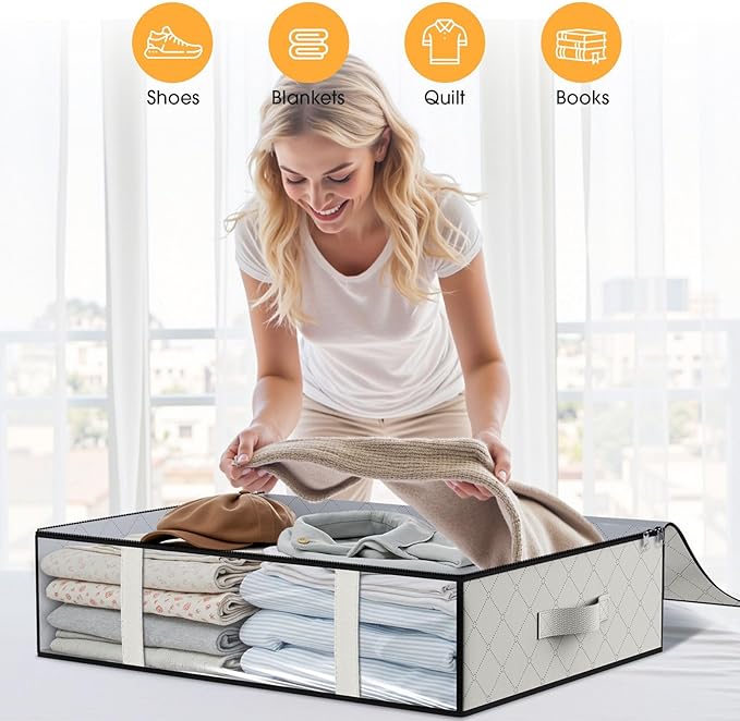 StorageRight Under Bed Storage Bags 2 Pack, 40L Large Clothes & Comforter Storage Containers with Clear Window, Breathable Fabric Organizer for Blankets, Bedding, Seasonal Clothing, White