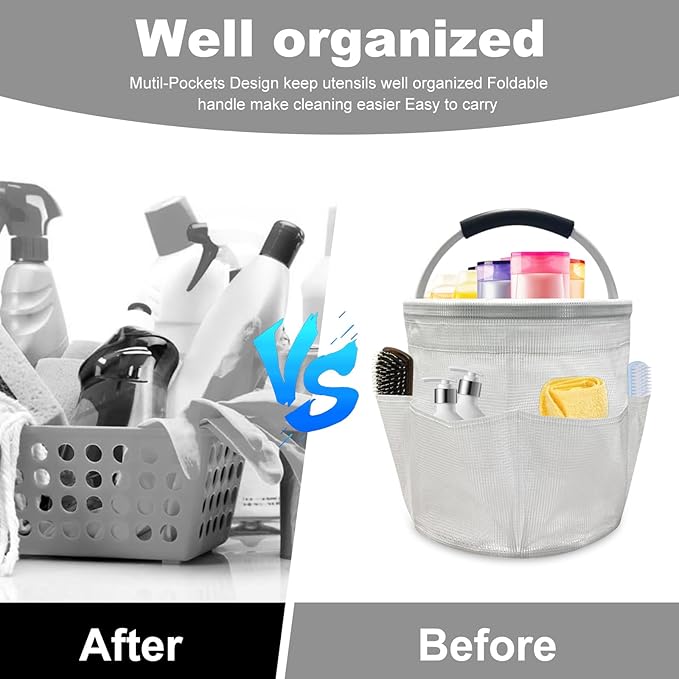 Qivine 17L Cleaning Caddy with Handle, Cleaning Supply Caddy, Foldable Tool Bag Cleaning Products Organizer, Portable Cleaning Bucket Caddy for Cleaning Supplies (Clear)