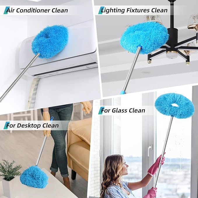 DRQ Ceiling Fan Cleaner Duster, 2 Pack Reusable Microfiber Duster with Extension Pole, 13 to 48 Inch Fan Blade Cleaner, Removable Dusters for Cleaning Walls Bookshelves Door Window Top (Blue Pink)