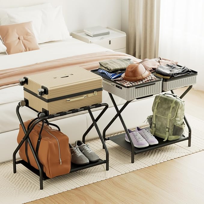 AMHANCIBLE Luggage Rack, Set of 2, Foldable Suitcase Stands for Guest Room, Metal Luggage Holder with Storage Shelf for Bedroom, Hotel, Easy Assemble, Black HLR02BK
