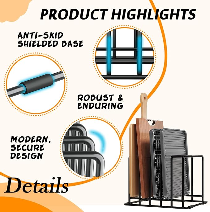 AKSONMN Baking Sheet Organizer Rack – 5-Slot Bakeware & Cookie Tray Holder for Kitchen Cabinet or Countertop, Stainless Steel Cutting Board Rack with Rust-Resistant Frame & Anti-Slip Feet
