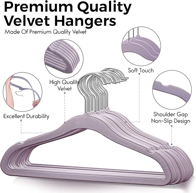 TechZoo 50 Premium Kids Velvet Hangers - 14'' Non-Slip, Ultra-Slim & Space-Saving Hangers - 360° Swivel Hook, Strong & Durable for Children & Preteens - Purple