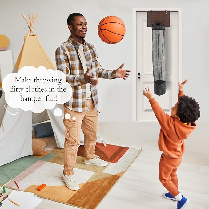 Over the Door Basketball Hoop Laundry Basket ,Wooden Basketball Laundry Hamper with Zipper for Kids Room,Dorm Rooms,Bathroom,Saving Space Storage and Organization (Dark Walnut)