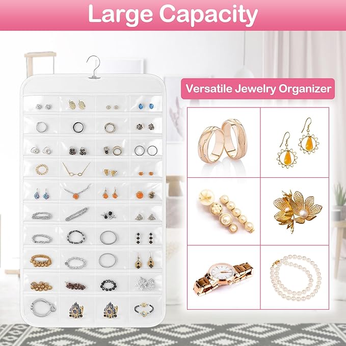2 Pack Hanging Jewelry Organizer, 80 Clear Pockets earring organizer and storage, Accessories holder organizer for Closet, Jewelries, Necklace, Travel