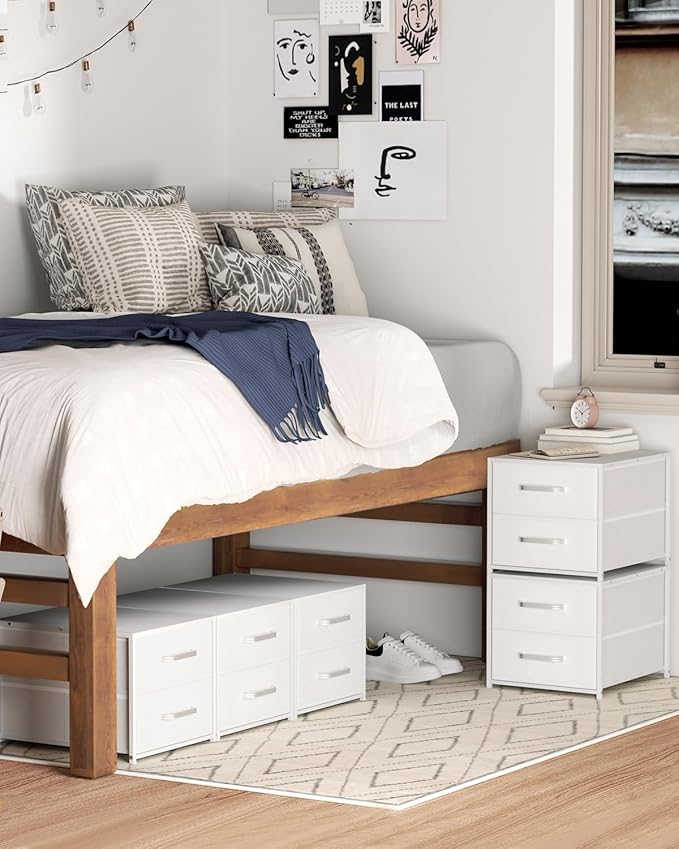 Homsorout Stackable Storage Drawers - 2 Tier Closet Drawers, Closet Organizer with Metal Handles, Night Stand with Collapsible Bins, Fabric Dresser for Bedroom, Dorm, Office, White, 2 Pack