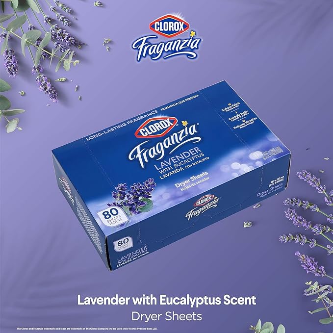 Clorox Fraganzia Fabric Softener Dryer Sheets, Wrinkle Reducing and Anti Static Laundry Dryer Sheets for Great Smelling Clothes, Softens Fabrics, Lavender with Eucalyptus Scent, 80 Count - 6 Pack