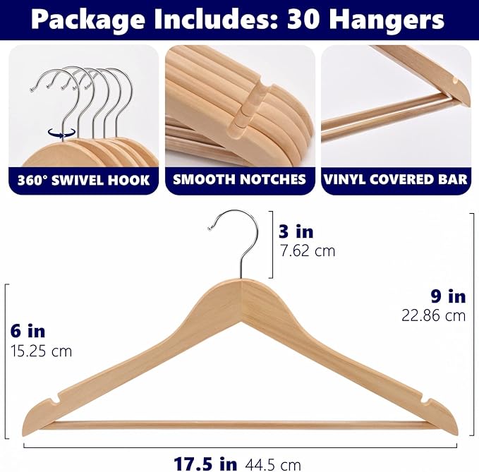 Amber Home 30 Pack Wooden Coat Hangers, Natural Wood Suit Hangers with Non-Slip Pant Bar, Clothes Hangers for Closet Organization, Shirts, Jackets, Dresses, and Pants (Natural, 30)