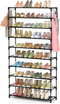 LANTEFUL 10 Tiers Shoe Rack 50 Pairs Large Capacity Tall Shoe Organizer Sturdy Shoe Storage with Two Hooks Space Saving Metal Wide Shoe Rack for Closet, Entryway, Bedroom, Black