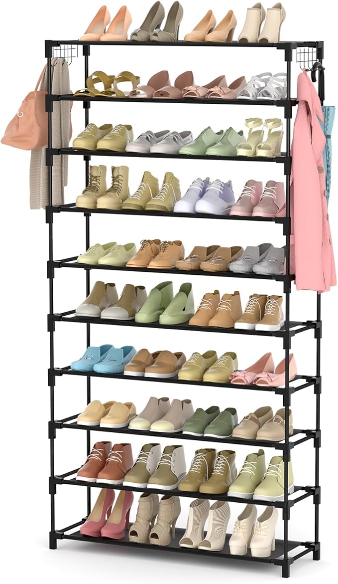LANTEFUL 10 Tiers Shoe Rack 50 Pairs Large Capacity Tall Shoe Organizer Sturdy Shoe Storage with Two Hooks Space Saving Metal Wide Shoe Rack for Closet, Entryway, Bedroom, Black