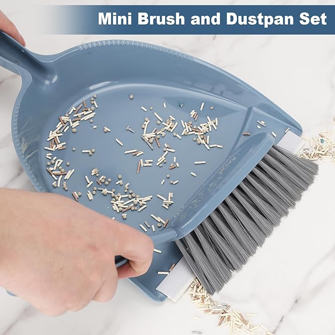 Small Hand Broom with Dustpan Combo Set,Mini Dust Pan and Brush Set with a Scraper Squeegee for Quick Cleanups,3-Piece Wall Mountable Cleaning Tools for Particles,Little Messes,Hair,Crumb