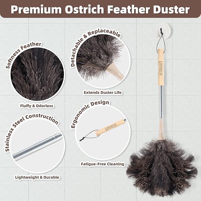 Ostrich Feather Dusters for Cleaning Kit - Reusable Soft Feather Duster Extendable to 49 inches for Cleaning Ceiling Fan, High Ceiling, Blinds & Retractable Small Duster for Keyboard, Car