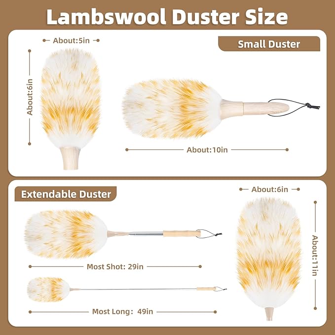 LOVECO Feather Duster for Cleaning, Extendable Lambswool Duster 29-49 Inch for Cleaning Fans, Ceiling, Includes: Sticky Hooks×2, Small Duster×1, Electrostatic Dusters Suitable for Office, Home, Car