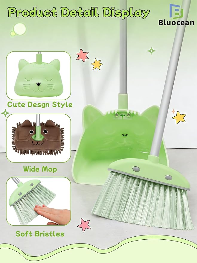 28'' Kids Mini Broom with Dustpan & Mop Set - Toddler Cleaning Toy, Toddler Household Helper, Parent-Child Interactive Play Cleaning Tool, Cute Cartoon Design, Small Safe Corner Broom (Green)