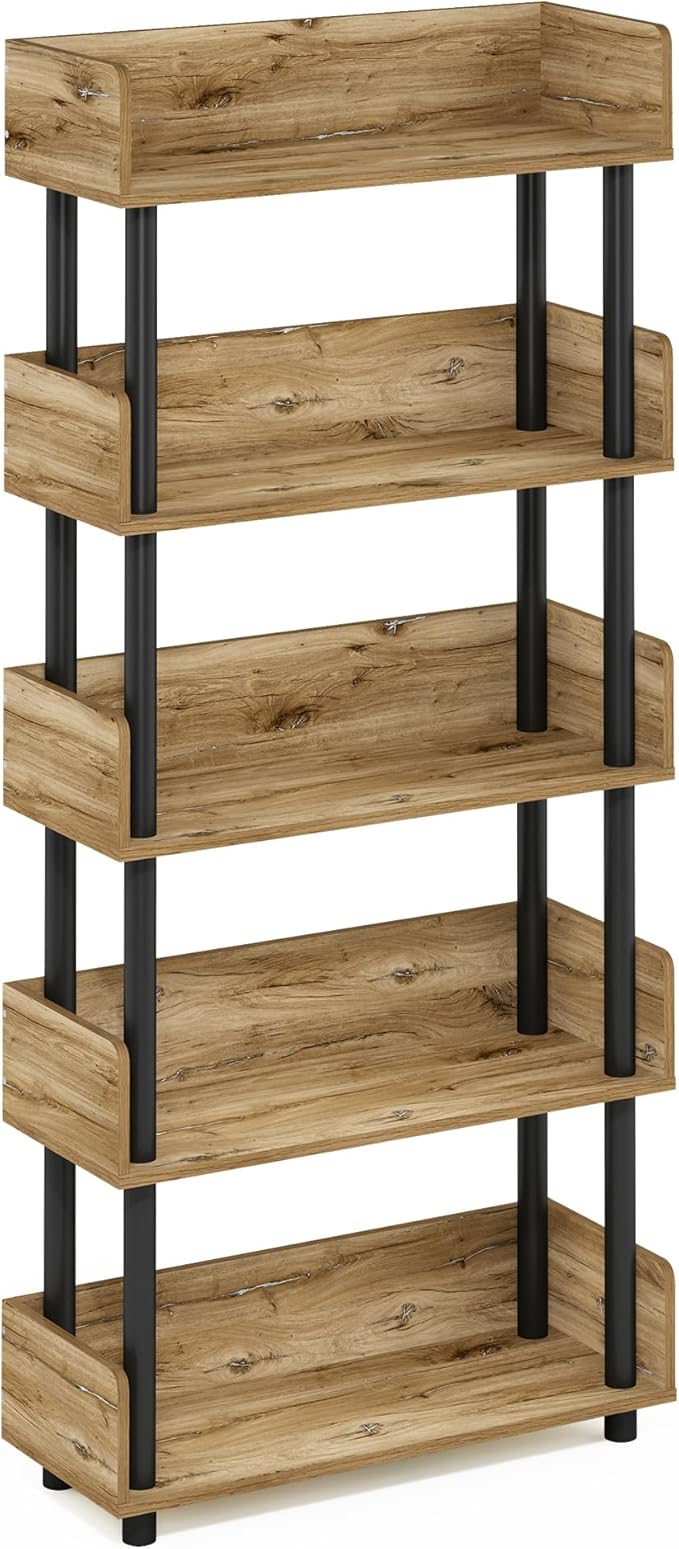 Furinno TURN-N-TUBE 4-Tier Display Shelf, Storage Shelves, Book Shelf, Open Shelves with Rounded Corner Top Edges, for Organization and Storage, Living Room, Home Office, Flagstaff Oak