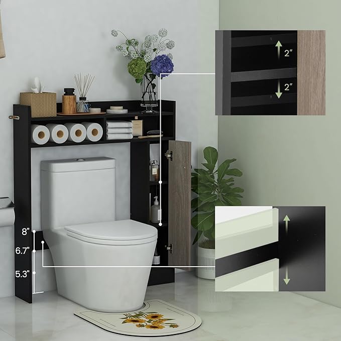 Giantex Short Over The Toilet Storage Cabinet, Bathroom Organizer w/Single Door Cabinet & Adjustable Shelves, Freestanding Space Saver Above Toilet Storage for Restroom, Laundry Room (Black+Oak)