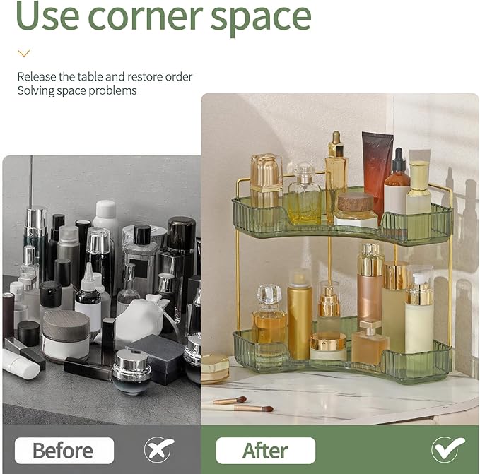 INVSSENE Corner Bathroom Countertop Organizer, Vanity Trays for Counter, Makeup Organizers, Perfume Tray, Kitchen Spice Rack, (Green, 2 Tiers)