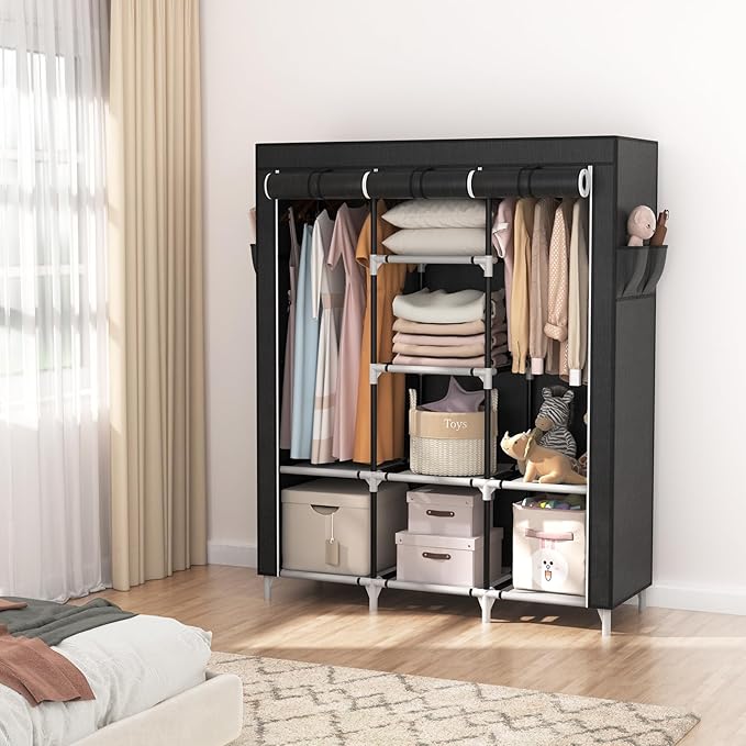 VTRIN Portable Closet, Large Capacity Portable Wardrobe with 2 Hanging Rods and 8 Storage Shelves, Sturdy Free Standing Closet Wardrobe for Hanging Clothes with Side Pockets, Black