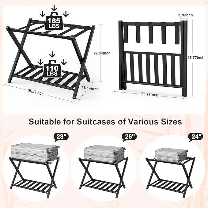 Black Luggage Racks Set of 2, Bamboo 26.77" Luggage Rack Stand for Guest Room, 5 Nylon Straps, Foldable Suitcase Stand with Storage Shelf for Bedroom Hotel, Holds up to 165 Lbs