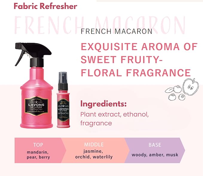 LAVONS Fabric Spray Freshener for Carpet Fresh, Pet Safe Linen Spray for Bedding, Organic Fabric Refresher Spray for Home & Offices, Natural Carpet Freshener from Japan, 12.5 Fl Oz FRENCH MACARON