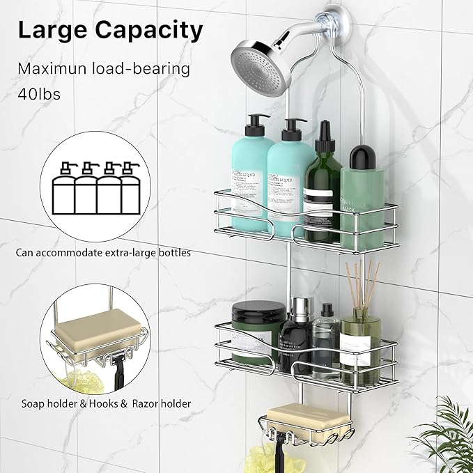 DAOYA Shower Caddy - Organizer with 6 Hooks, Soap Basket & Self-Adhesive Pad, Silver